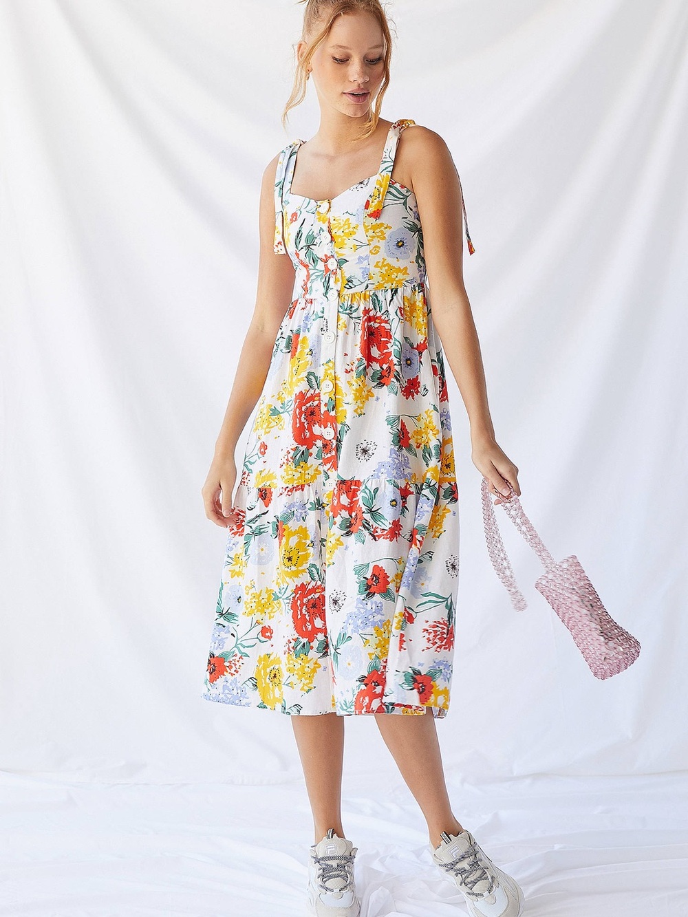 Urban Outfitters Positano Linen Blend Floral Midi Dress - Size XS